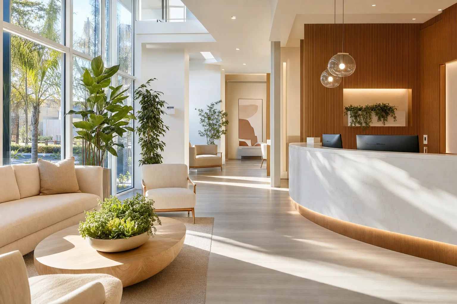 Sunlit modern reception area at Solara Dental with natural wood accents, comfortable seating and greenery