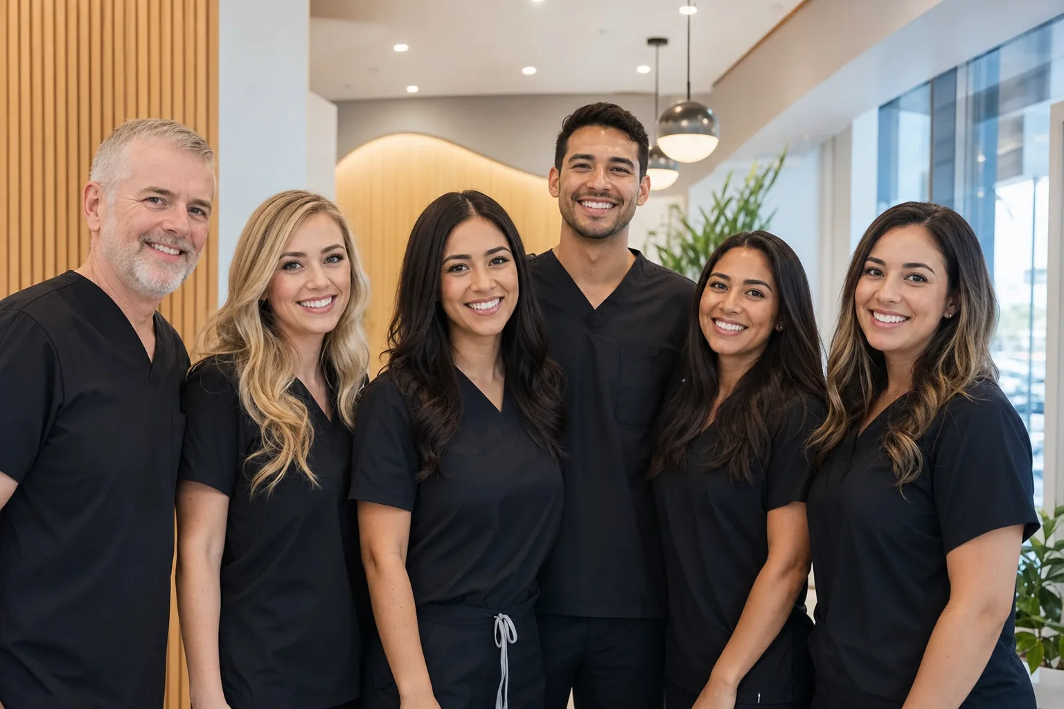 The friendly, diverse Solara Dental team smiling together in a bright, stylish hallway of the office